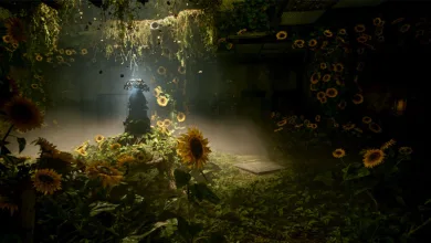 A dark overgrown interior filled with sunflowers and illuminated by a shaft of light in S.T.A.L.K.E.R. 2