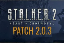 S.T.A.L.K.E.R. 2: Heart of Chornobyl Patch 2.0.3 title graphic over a dark forest scene