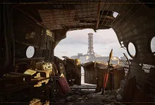 A ruined interior in S.T.A.L.K.E.R. 2 overlooks an industrial tower in the Zone