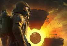 A S.T.A.L.K.E.R. 2 stalker in a gas mask stands before a glowing anomalous landscape with floating rock formations