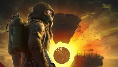 A S.T.A.L.K.E.R. 2 stalker in a gas mask stands before a glowing anomalous landscape with floating rock formations