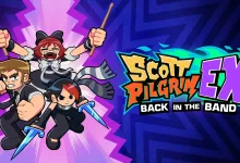 Three Scott Pilgrim EX characters leap forward beside the Back in the Band logo.