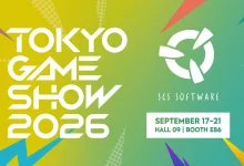 Colorful Tokyo Game Show 2026 graphic featuring the SCS Software logo and the September 17–21 event dates, Hall 09, Booth E86.