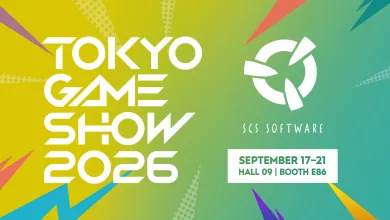 Colorful Tokyo Game Show 2026 graphic featuring the SCS Software logo and the September 17–21 event dates, Hall 09, Booth E86.