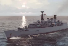 A frigate marked F89 underway at sea in Sea Power: Naval Combat in the Missile Age.