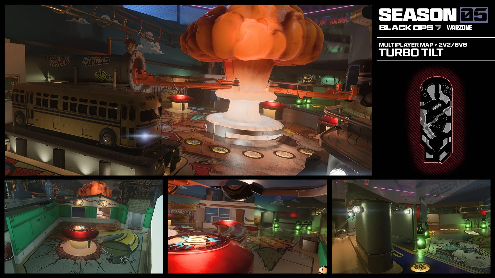 Season 05 graphic presents the Turbo Tilt multiplayer map with a giant glowing plastic mushroom cloud and three smaller map views.