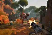 Serious Sam: Shatterverse gameplay showing a player firing at enemies in a canyon