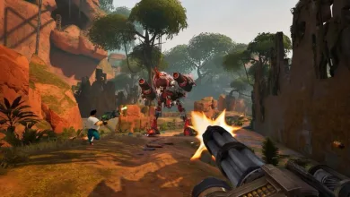 Serious Sam: Shatterverse gameplay showing a player firing at enemies in a canyon