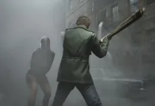 James Sunderland walks through a foggy street while holding a wooden plank in Silent Hill 2 remake