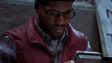 Simon holds a handheld device while standing in a dim, foggy setting in Silent Hill: Townfall
