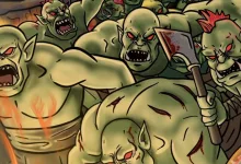 Illustration of a horde of snarling orcs attacking with weapons in Sir, We Have an Orc Problem