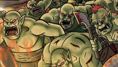 Illustration of a horde of snarling orcs attacking with weapons in Sir, We Have an Orc Problem