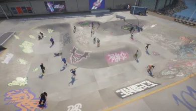 A large group of skate. players skating together in a graffiti-covered bowl area.