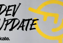 Gray skate. Dev Update graphic with black lettering, a yellow smiling face icon, and the skate. logo