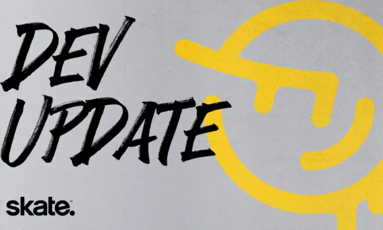 Gray skate. Dev Update graphic with black lettering, a yellow smiling face icon, and the skate. logo