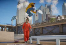 A skate. character performs an aerial trick above an urban skate area.