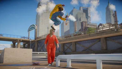 A skate. character performs an aerial trick above an urban skate area.