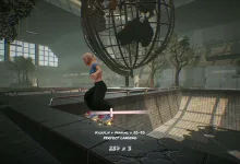 Skatesterre character performing a skateboard trick across a bowl in an indoor skate park