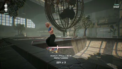 Skatesterre character performing a skateboard trick across a bowl in an indoor skate park