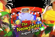 Illustrated Slay the Spire 2 characters surrounding the August 2026 Neowsletter title
