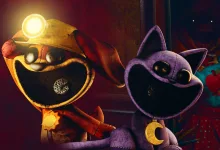 The orange and purple Smiling Critters stand inside the dark Playtime toy factory.