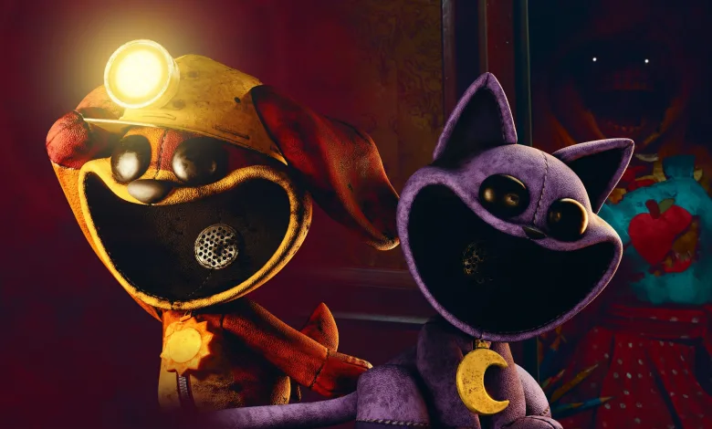The orange and purple Smiling Critters stand inside the dark Playtime toy factory.