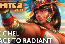 Ix Chel raises her arm in SMITE 2 artwork labeled Ix Chel Race to Radiant.