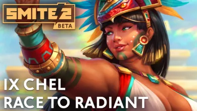 Ix Chel raises her arm in SMITE 2 artwork labeled Ix Chel Race to Radiant.