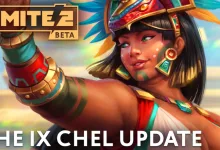 Ix Chel, a colorful SMITE 2 goddess, raises her arm beneath the SMITE 2 Beta logo and The Ix Chel Update text