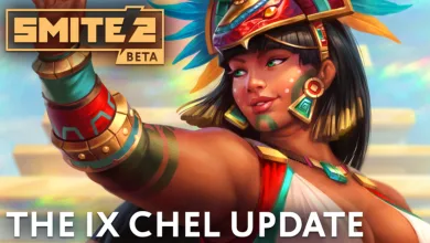 Ix Chel, a colorful SMITE 2 goddess, raises her arm beneath the SMITE 2 Beta logo and The Ix Chel Update text