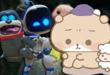 Nemu the Night Owl Bear character shown beside two Astro Bot robots