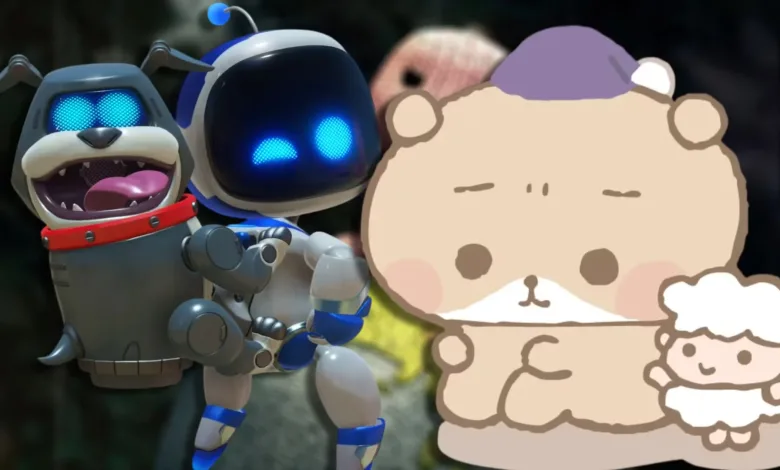 Nemu the Night Owl Bear character shown beside two Astro Bot robots