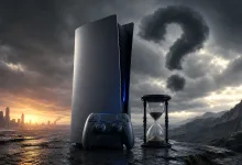 A PlayStation console and controller stand beside an hourglass beneath a question mark in a stormy sky.