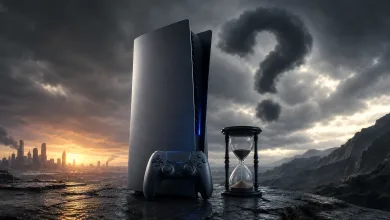 A PlayStation console and controller stand beside an hourglass beneath a question mark in a stormy sky.