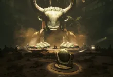 Sophia and her companion facing a Minotaur puzzle