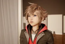 Sora from Kingdom Hearts 4 standing in a softly lit interior