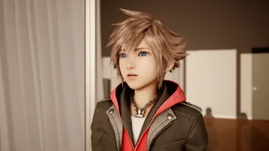 Sora from Kingdom Hearts 4 standing in a softly lit interior