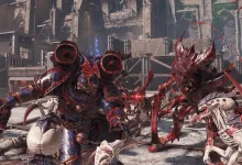 A Chaos Space Marine battles Tyranids in a war-torn industrial city