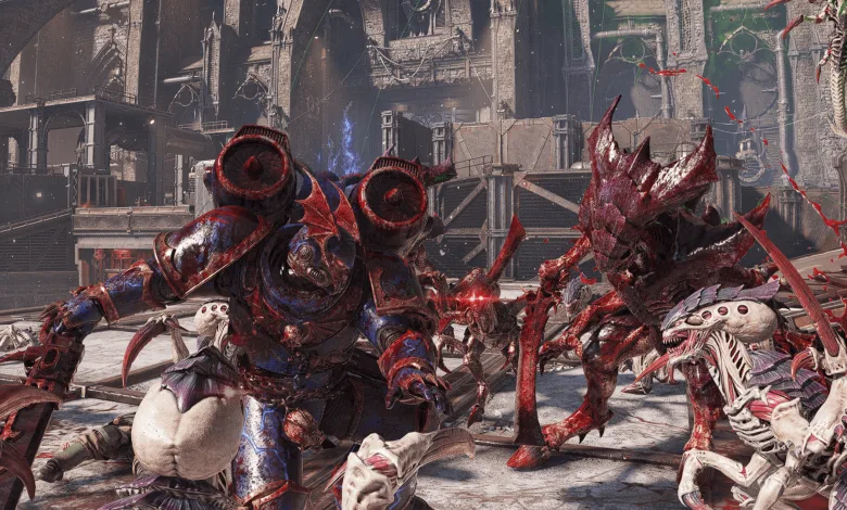 A Chaos Space Marine battles Tyranids in a war-torn industrial city