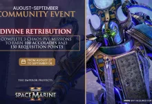Divine Retribution community event graphic for Space Marine 2 showing a blue-armored warrior and the objective to complete three Chaos PvE missions for 100 Accolades and 150 Requis