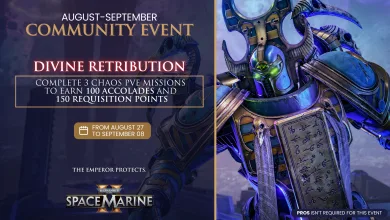 Divine Retribution community event graphic for Space Marine 2 showing a blue-armored warrior and the objective to complete three Chaos PvE missions for 100 Accolades and 150 Requis