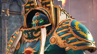 A Thousand Sons Sorcerer in ornate turquoise and gold Terminator armor
