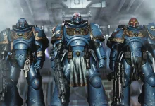 Three armored Space Marines stand together in a Warhammer 40,000: Space Marine 2 scene