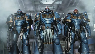 Three armored Space Marines stand together in a Warhammer 40,000: Space Marine 2 scene