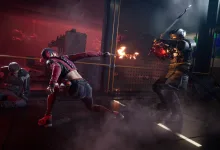 A red-clad fighter kicks an armored opponent amid gunfire and smoke in SPINE.