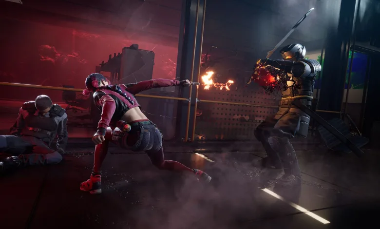 A red-clad fighter kicks an armored opponent amid gunfire and smoke in SPINE.