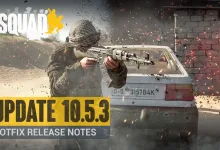 Squad soldier aiming a rifle beside a vehicle with Update 10.5.3 Hotfix Release Notes text