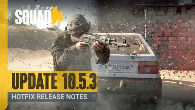 Squad soldier aiming a rifle beside a vehicle with Update 10.5.3 Hotfix Release Notes text