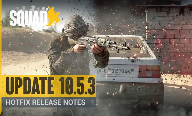 Squad soldier aiming a rifle beside a vehicle with Update 10.5.3 Hotfix Release Notes text