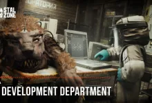A mutant and an astronaut-like humanoid NPC in a laboratory beneath the words Q&A AI Development Department